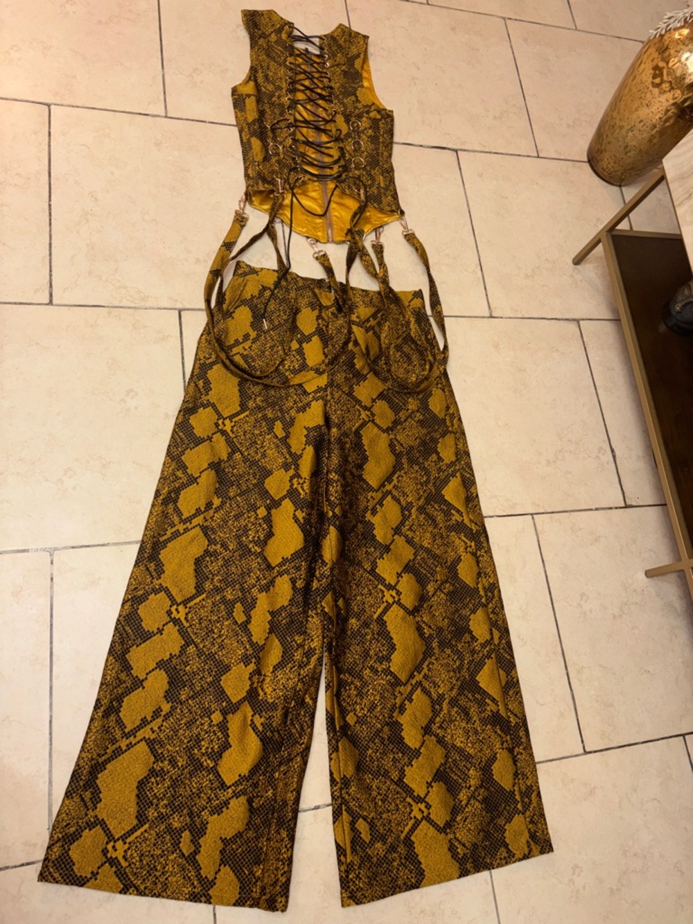 AKIRA Mustard & Black Snake-Print Wide-Leg Jumpsuit with Lace-Up Corset